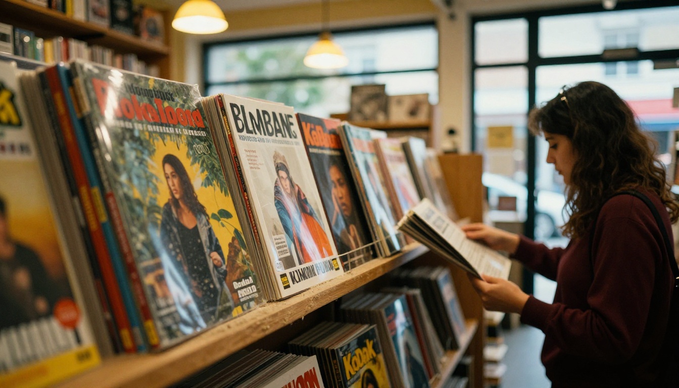 A woman browsing independent magazines at a bookstore rack