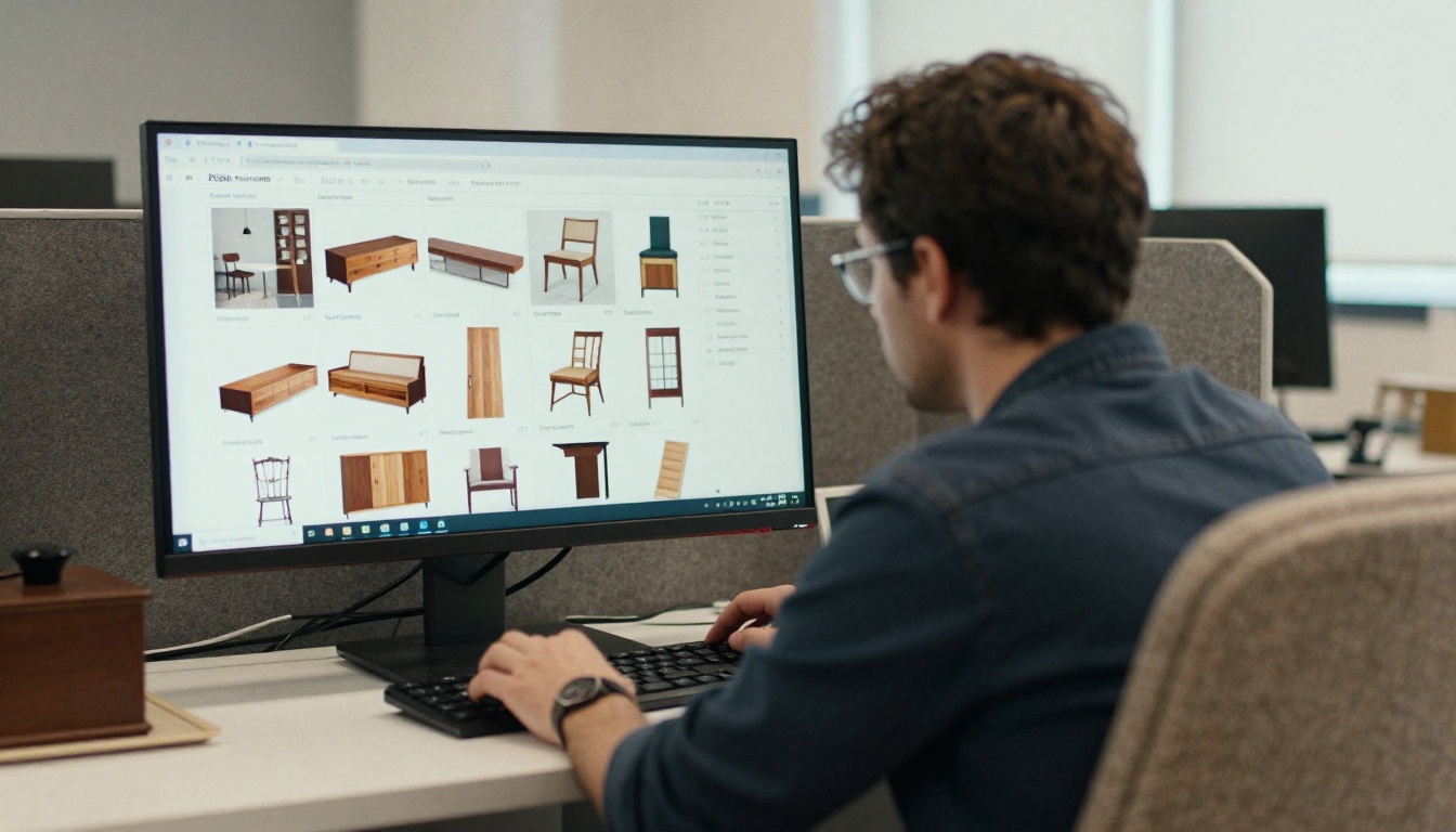 Over-the-shoulder view of a buyer browsing a furniture catalog on a monitor