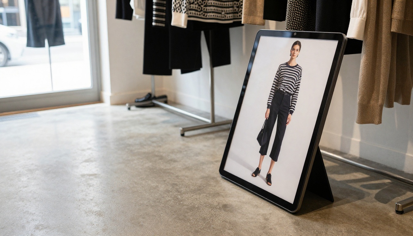 Fashion boutique rack with a tablet displaying a flipbook lookbook