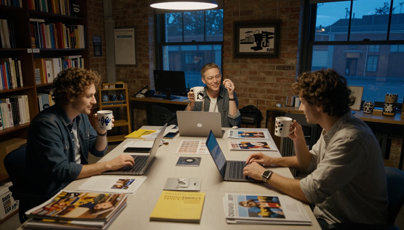 A small publishing team celebrating a finished issue at dusk