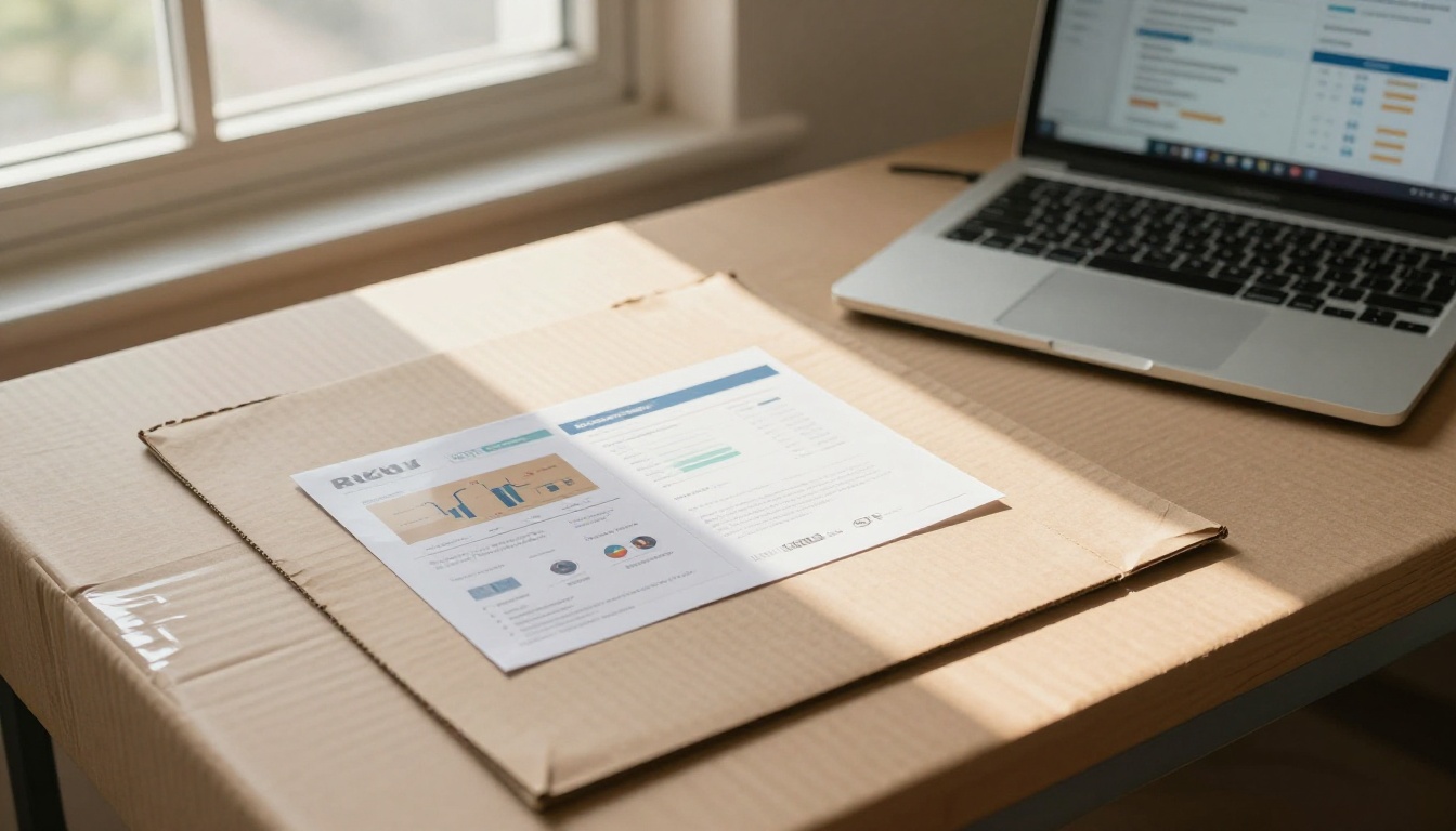Packing table in an ecommerce warehouse with a laptop showing analytics