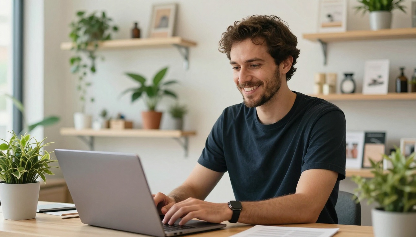Smiling shop owner reviewing a finished flipbook catalog on a laptop