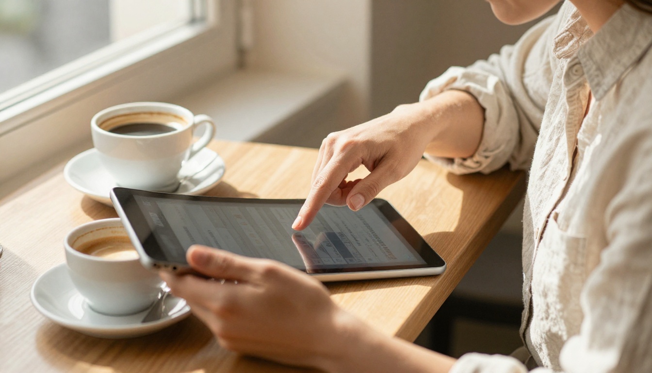 Woman swiping through an interactive brochure on a tablet in a sunlit cafe Woman swiping through an interactive brochure on a tablet in a sunlit cafe