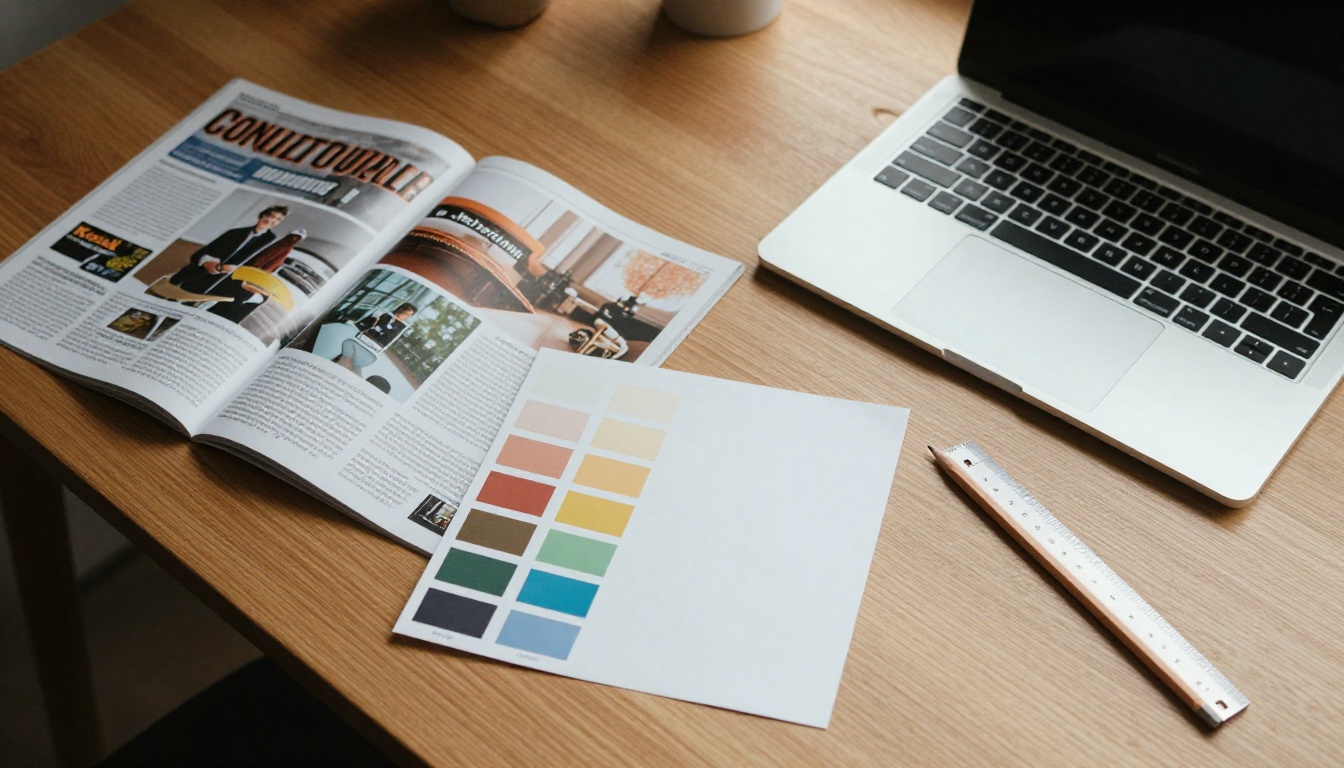 Top down view of a desk with printed magazine layouts, laptop and color swatches Top down view of a desk with printed magazine layouts, laptop and color swatches