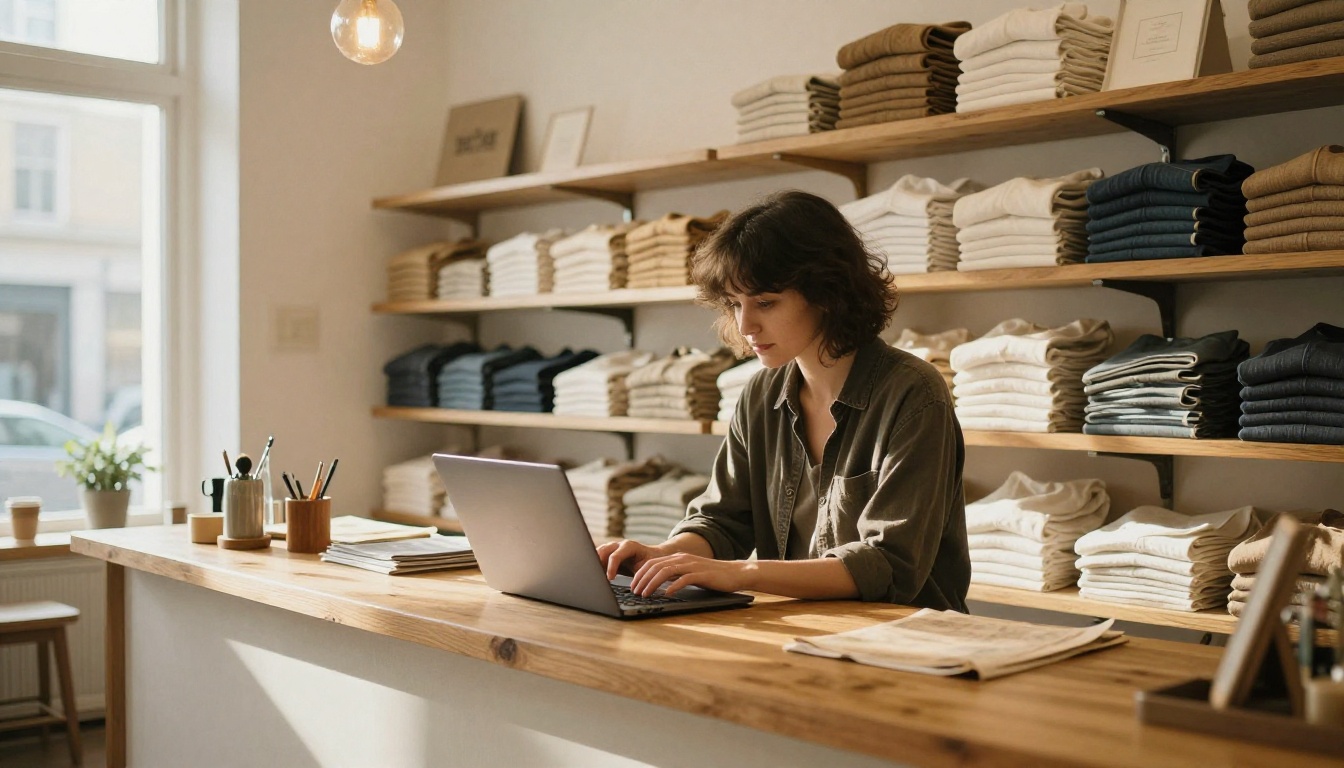 A boutique owner typing on a laptop at a wooden counter