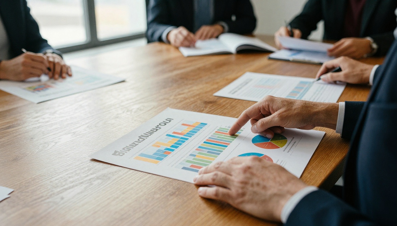 Marketing director presenting a printed annual report to colleagues at a conference table Marketing director presenting a printed annual report to colleagues at a conference table