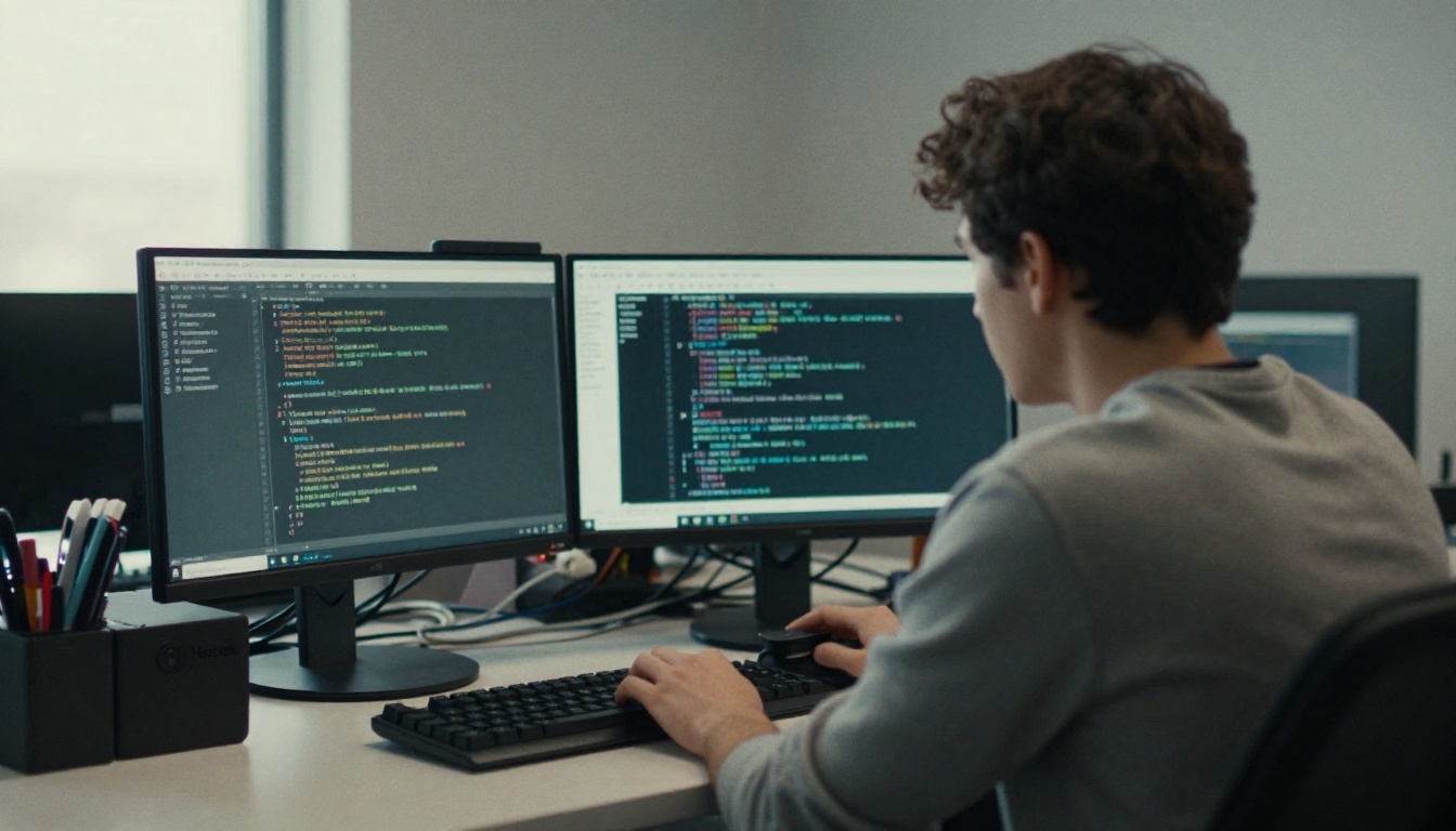 Over-the-shoulder view of a developer reading code on a monitor