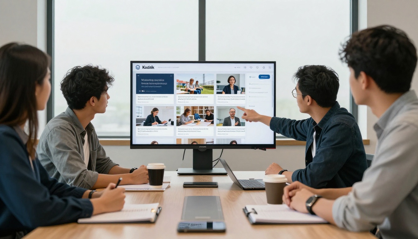 Marketing team reviewing a digital catalog on a wall screen in a meeting room Marketing team reviewing a digital catalog on a wall screen in a meeting room