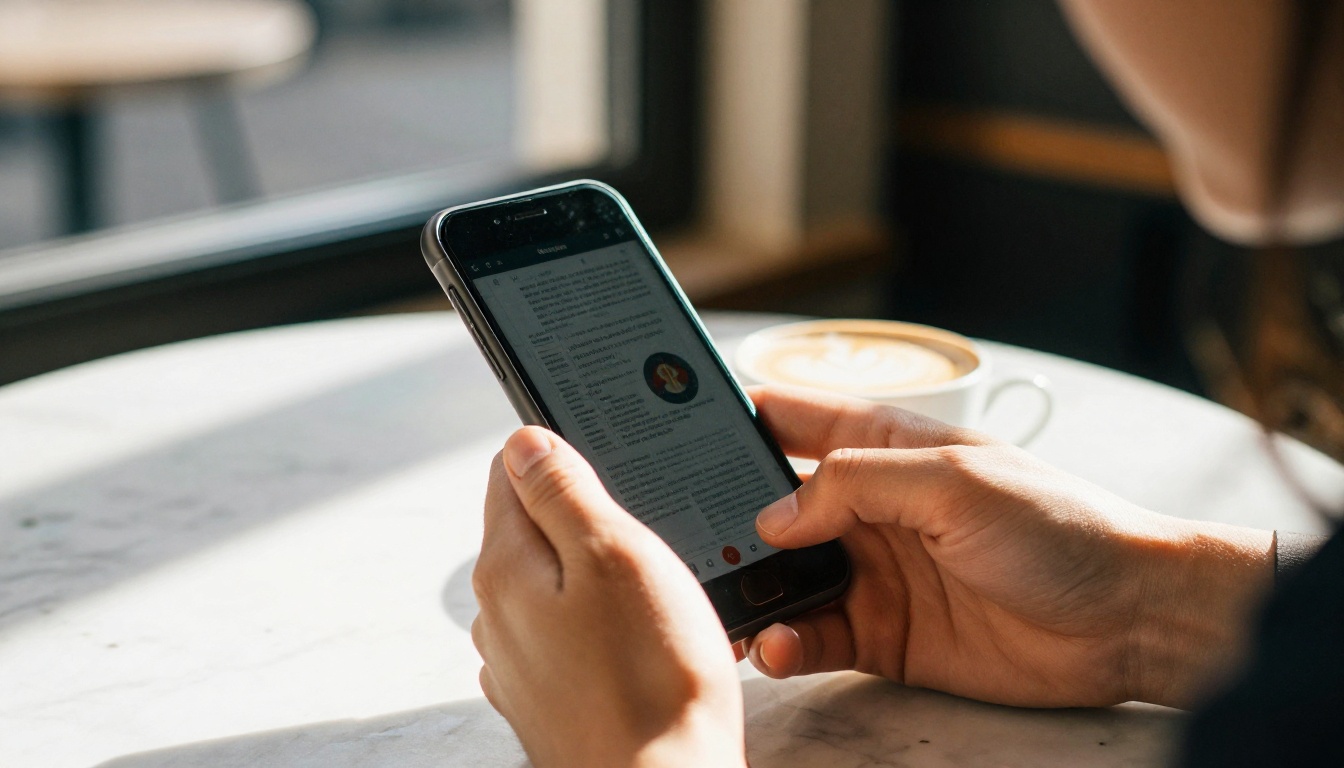 Person reading a document on a smartphone in a cafe