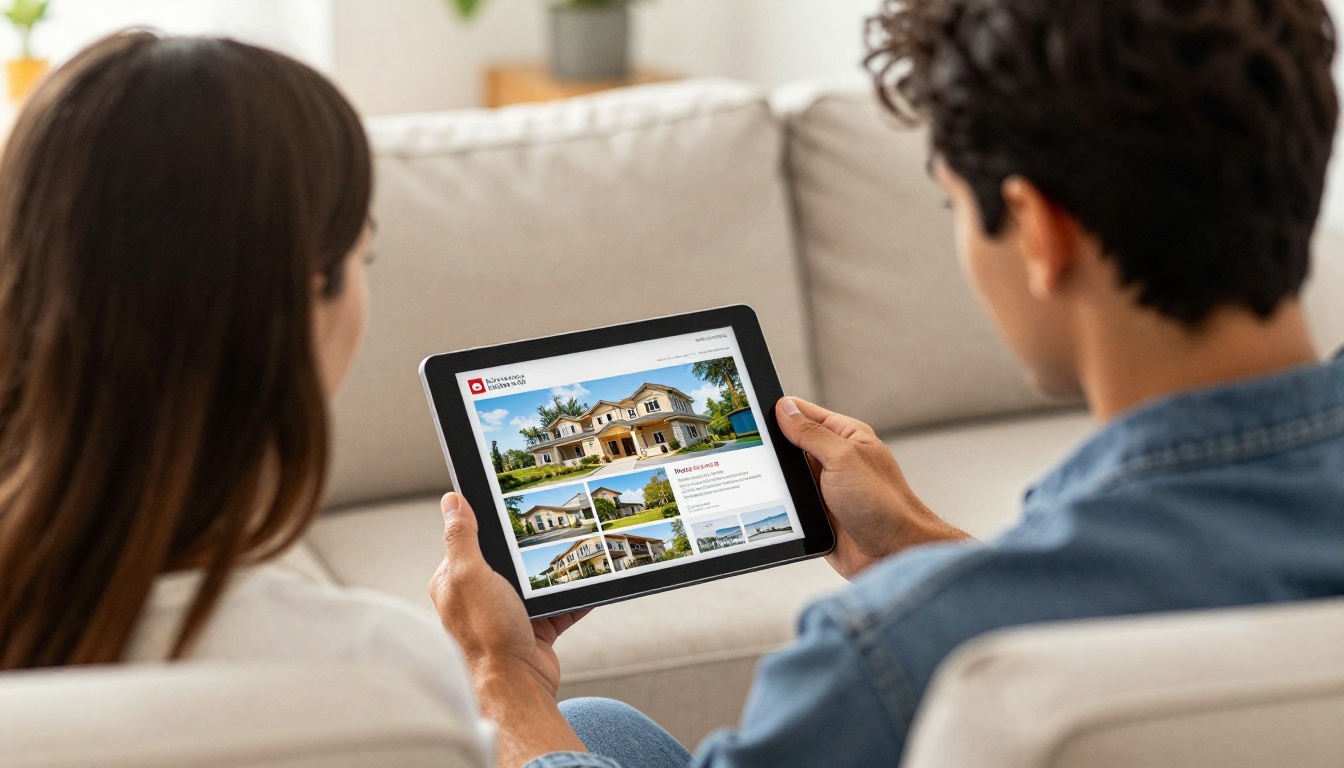 Real estate agent showing a property brochure on a tablet to a couple Real estate agent showing a property brochure on a tablet to a couple