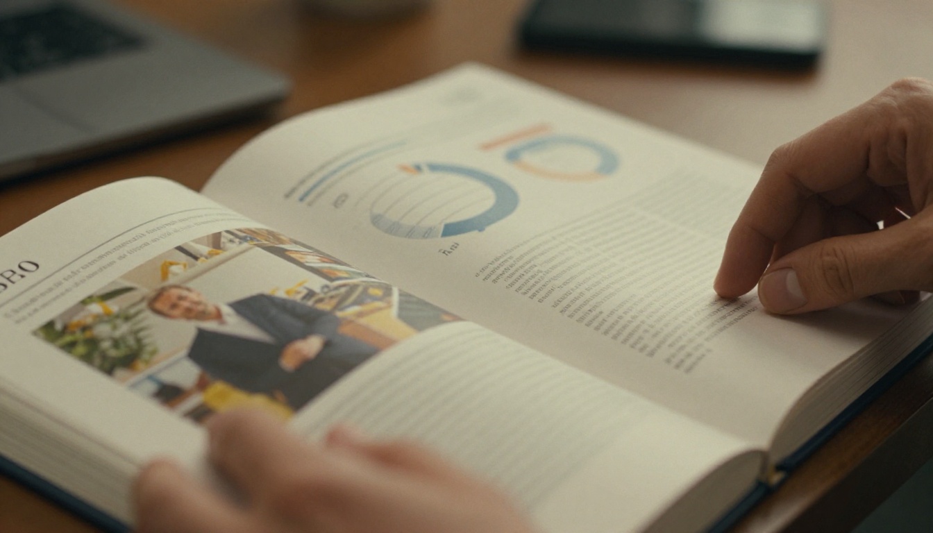 Hands turning a page of an elegant corporate annual report with charts and photography Hands turning a page of an elegant corporate annual report with charts and photography