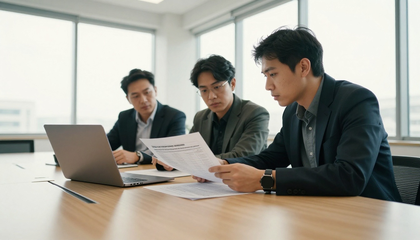 Colleagues reviewing a printed report beside a laptop