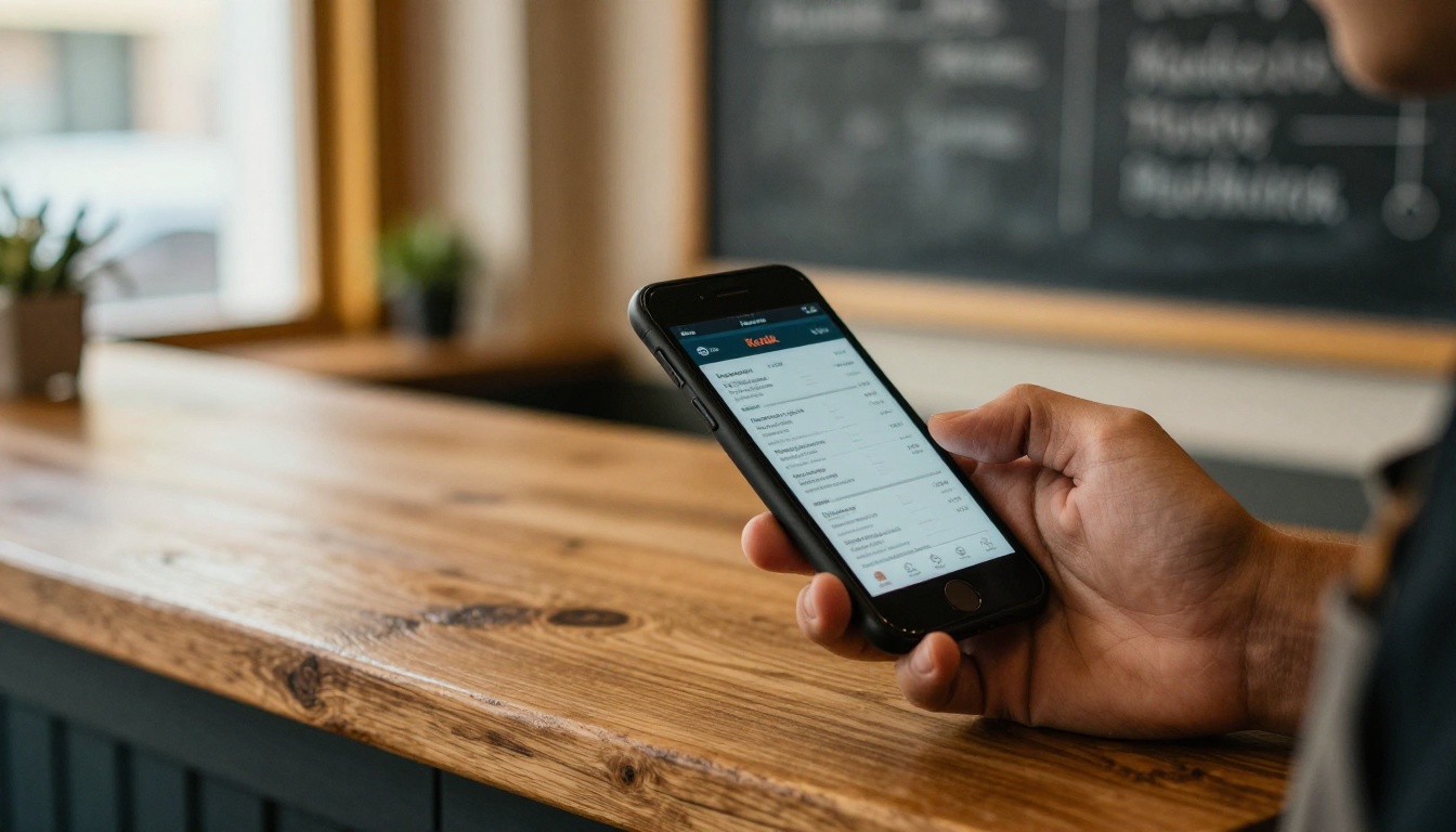 Restaurant owner holding a phone displaying a digital menu at a wooden counter Restaurant owner holding a phone displaying a digital menu at a wooden counter