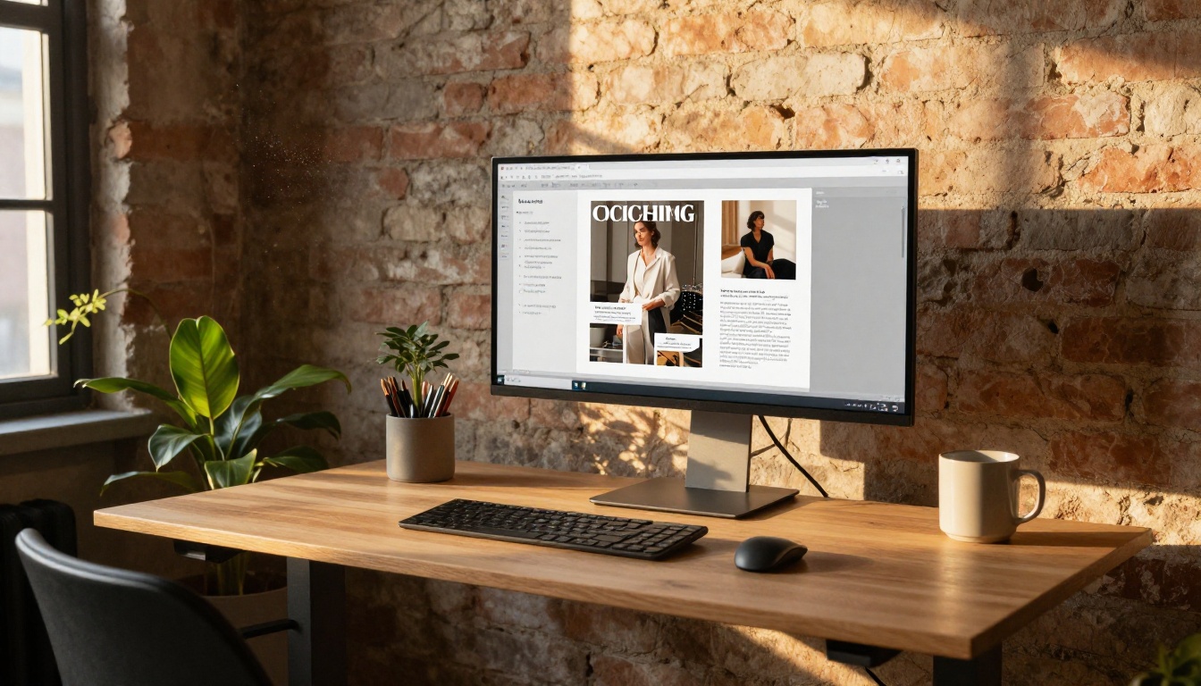 Designer working at a standing desk on a magazine style layout in a creative studio Designer working at a standing desk on a magazine style layout in a creative studio