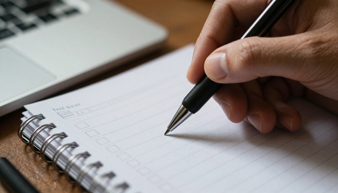 Macro shot of a hand with a pen over a checklist notebook