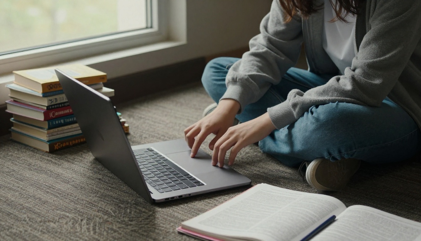 Student reading an interactive e-book on a laptop on a library floor Student reading an interactive e-book on a laptop on a library floor