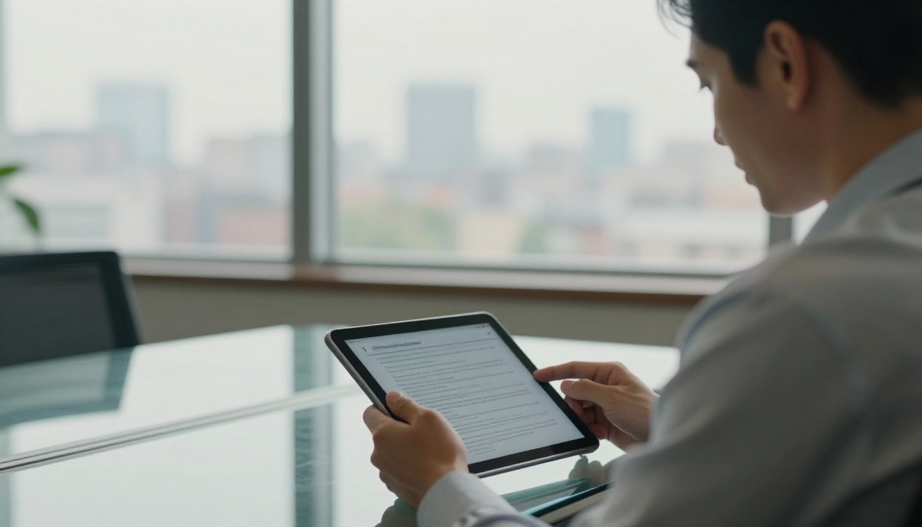 Chief financial officer reading a report on a tablet in a sunlit boardroom Chief financial officer reading a report on a tablet in a sunlit boardroom