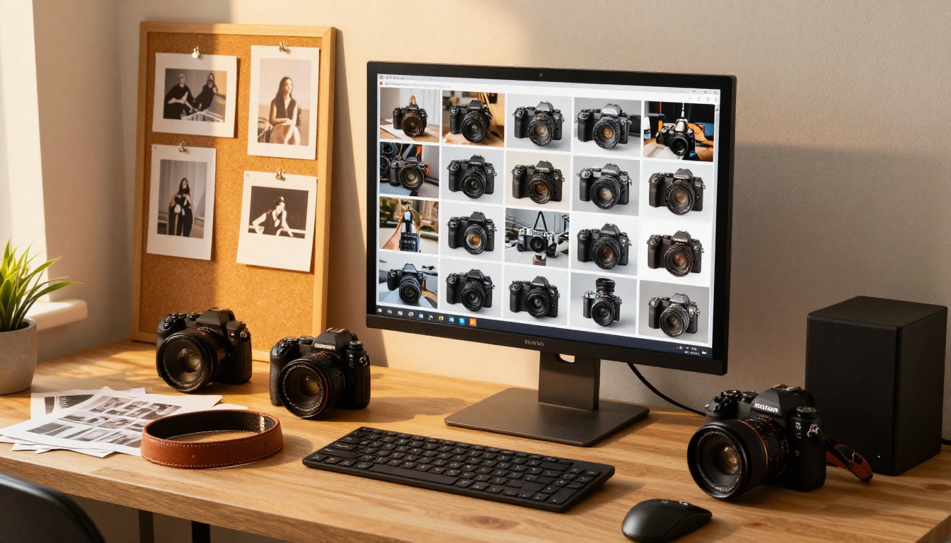 A freelance photographer's studio with a monitor showing a portfolio