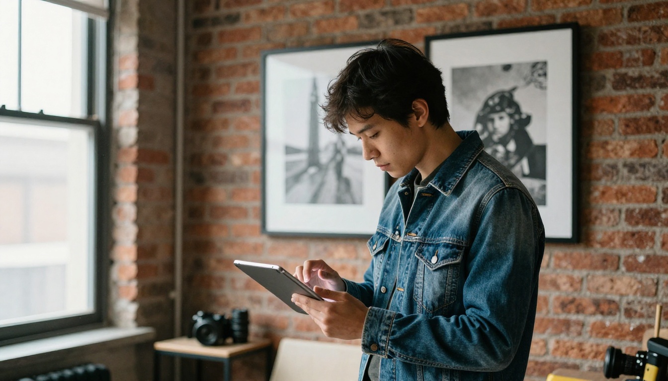 Photographer reviewing a portfolio on a large tablet in a loft studio Photographer reviewing a portfolio on a large tablet in a loft studio