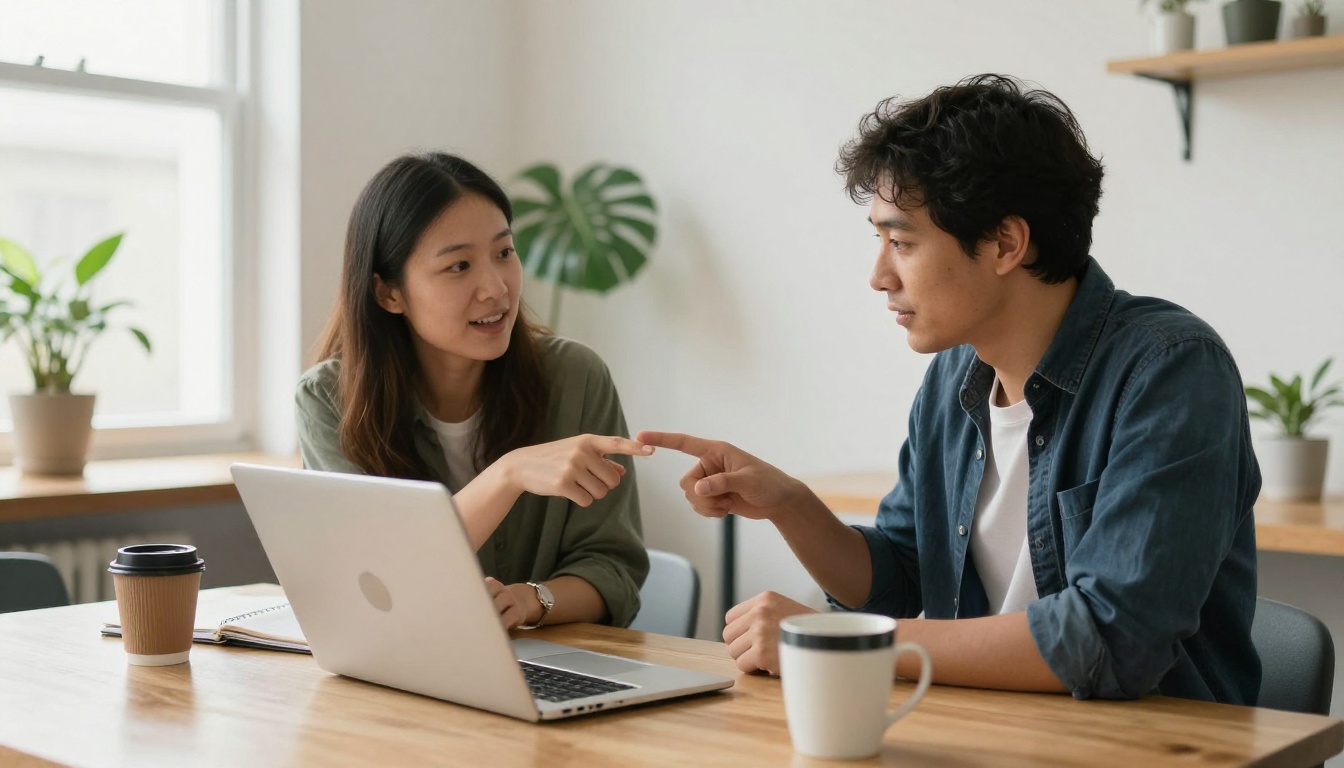 Two colleagues comparing software options on a laptop in a bright coworking space Two colleagues comparing software options on a laptop in a bright coworking space
