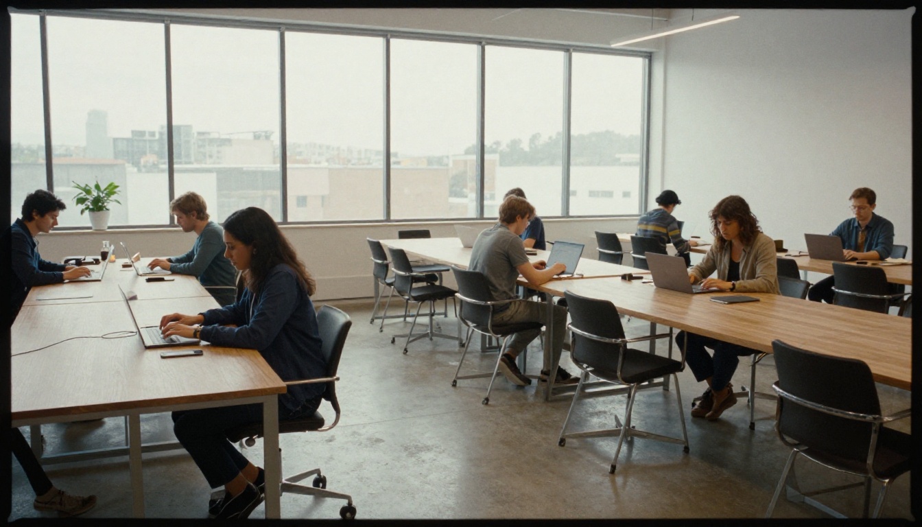 A modern co-working space with people working on laptops