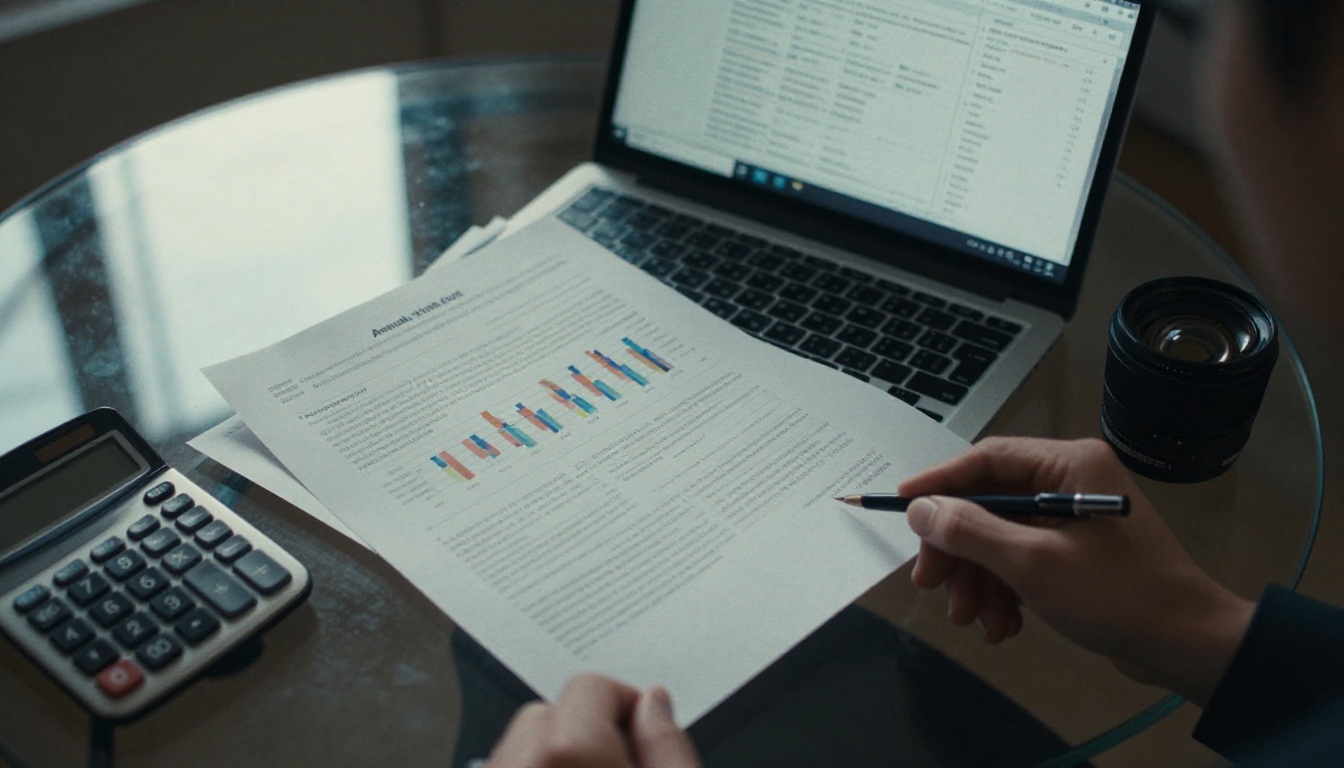 Business analyst checking an annual report on a laptop with printed charts Business analyst checking an annual report on a laptop with printed charts