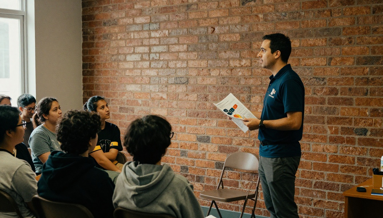 Nonprofit director presenting impact results from a printed report booklet to volunteers Nonprofit director presenting impact results from a printed report booklet to volunteers