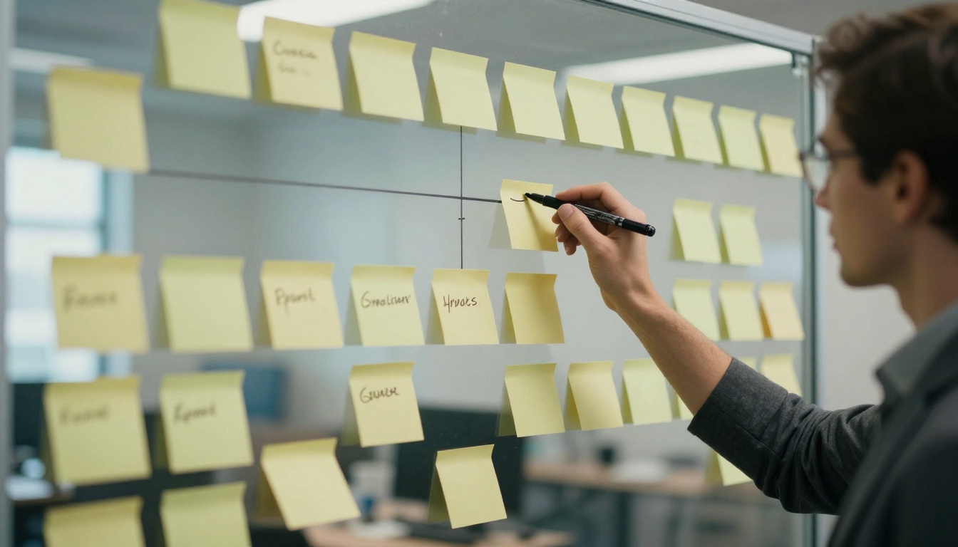 Project manager planning a report timeline at a whiteboard with sticky notes Project manager planning a report timeline at a whiteboard with sticky notes