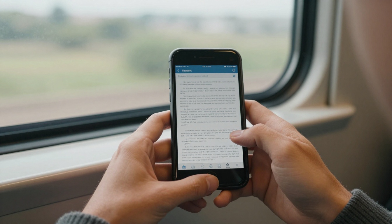 Hands holding a smartphone showing a shared document on a train Hands holding a smartphone showing a shared document on a train