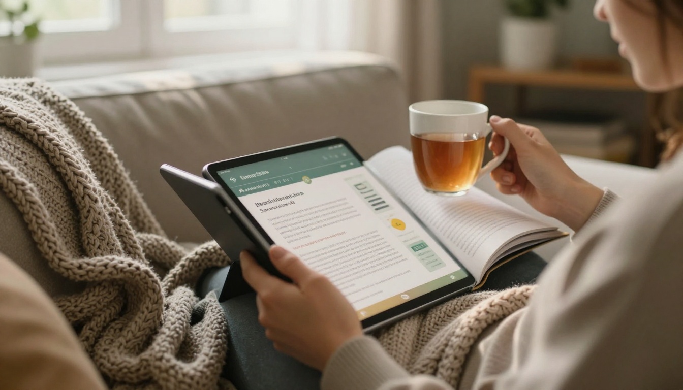 Person reading an interactive report on a tablet on a sofa at home Person reading an interactive report on a tablet on a sofa at home