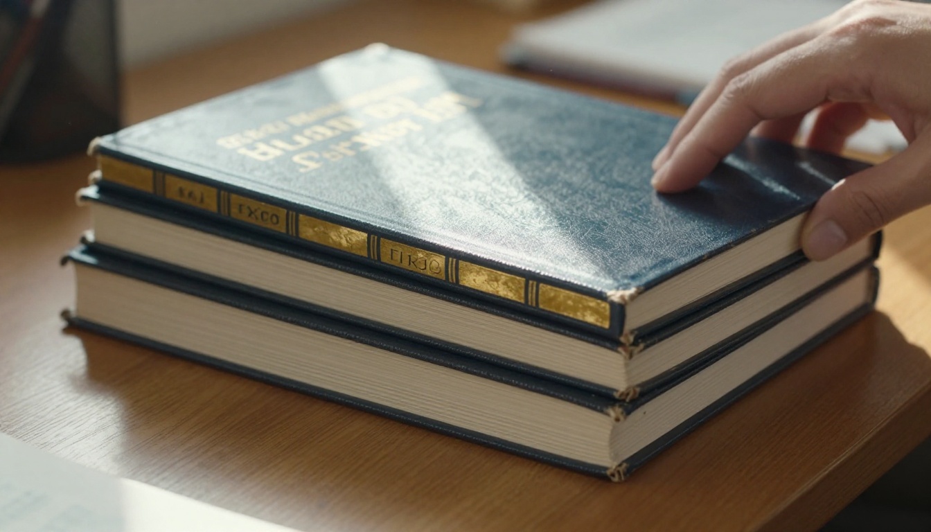 Stack of classic hard bound yearbooks with gold foil spines