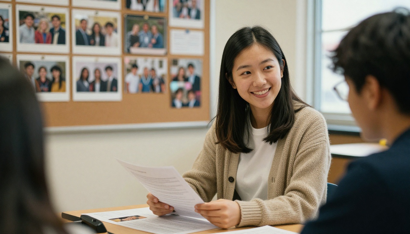 A yearbook adviser reviewing a printed proof with a student