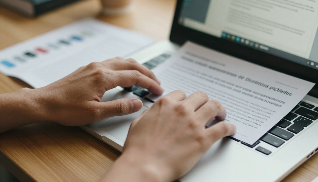 Marketer typing a product description into a laptop beside a printed brochure draft Marketer typing a product description into a laptop beside a printed brochure draft