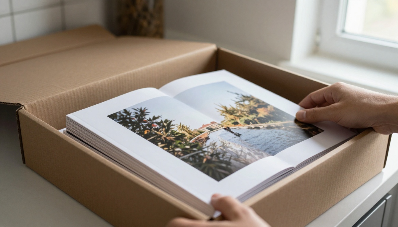 Hand sliding a finished linen hardback photo book out of a shipping box