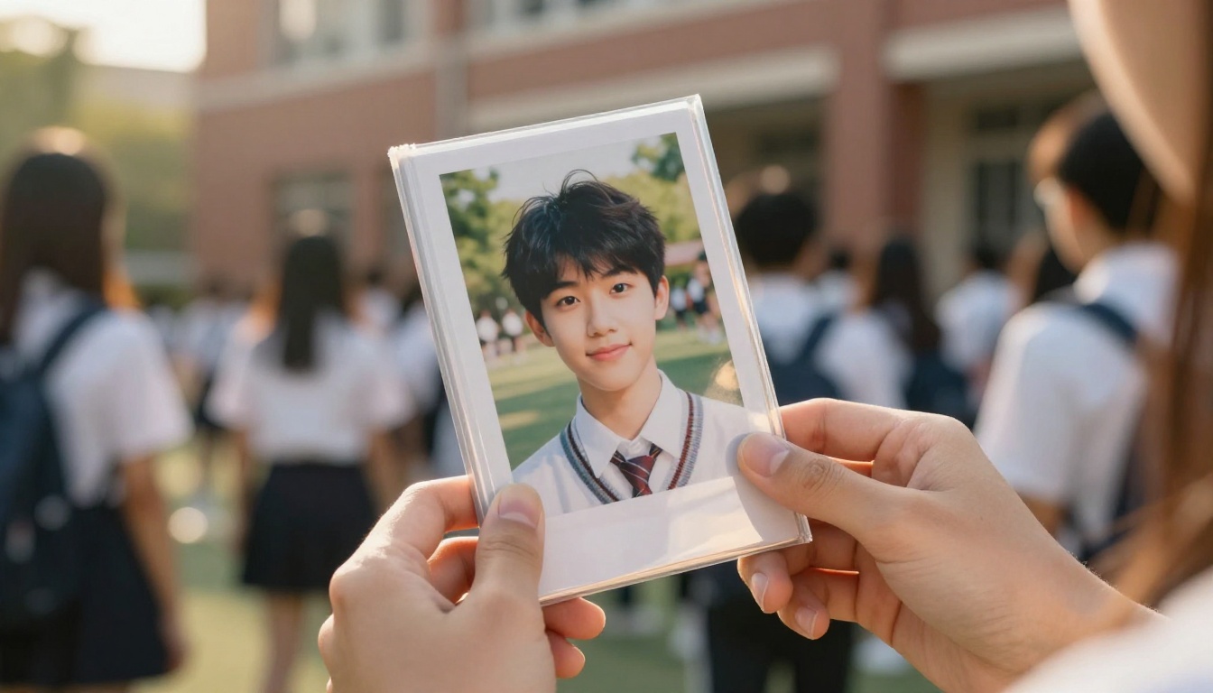 Student holding a personalized softcover yearbook in a sunny courtyard