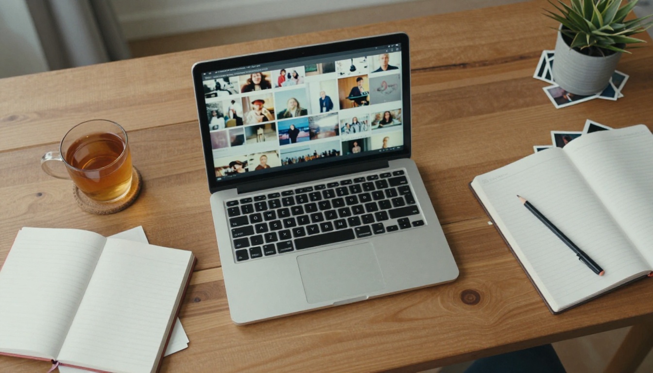 Overhead view of a desk with printed photos being sorted into piles beside a laptop