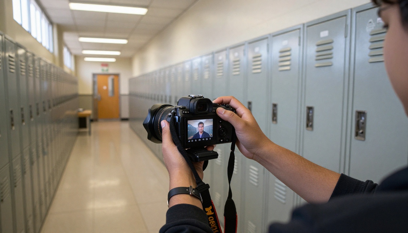 Student photographer reviewing portraits on a camera in a school hallway
