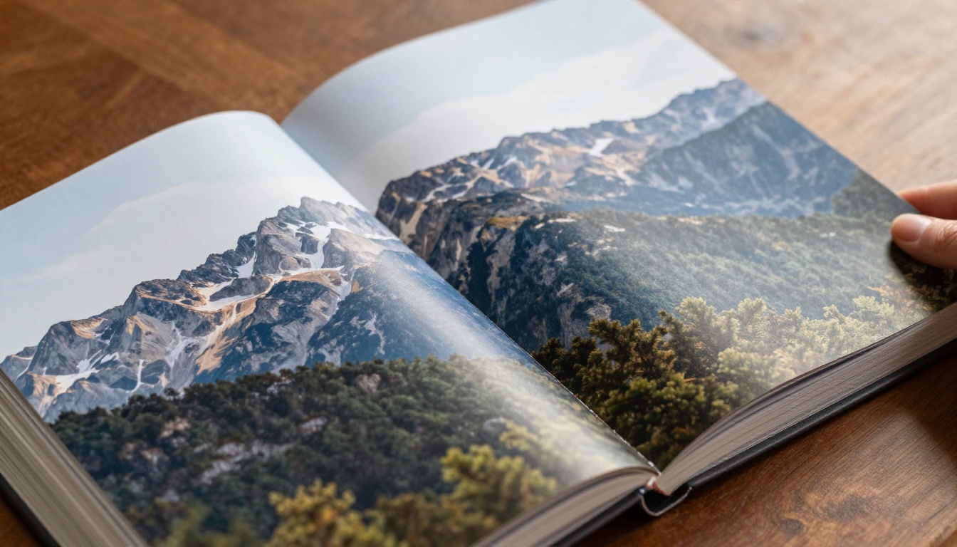 Lay-flat photo book open to a mountain panorama with no visible crease
