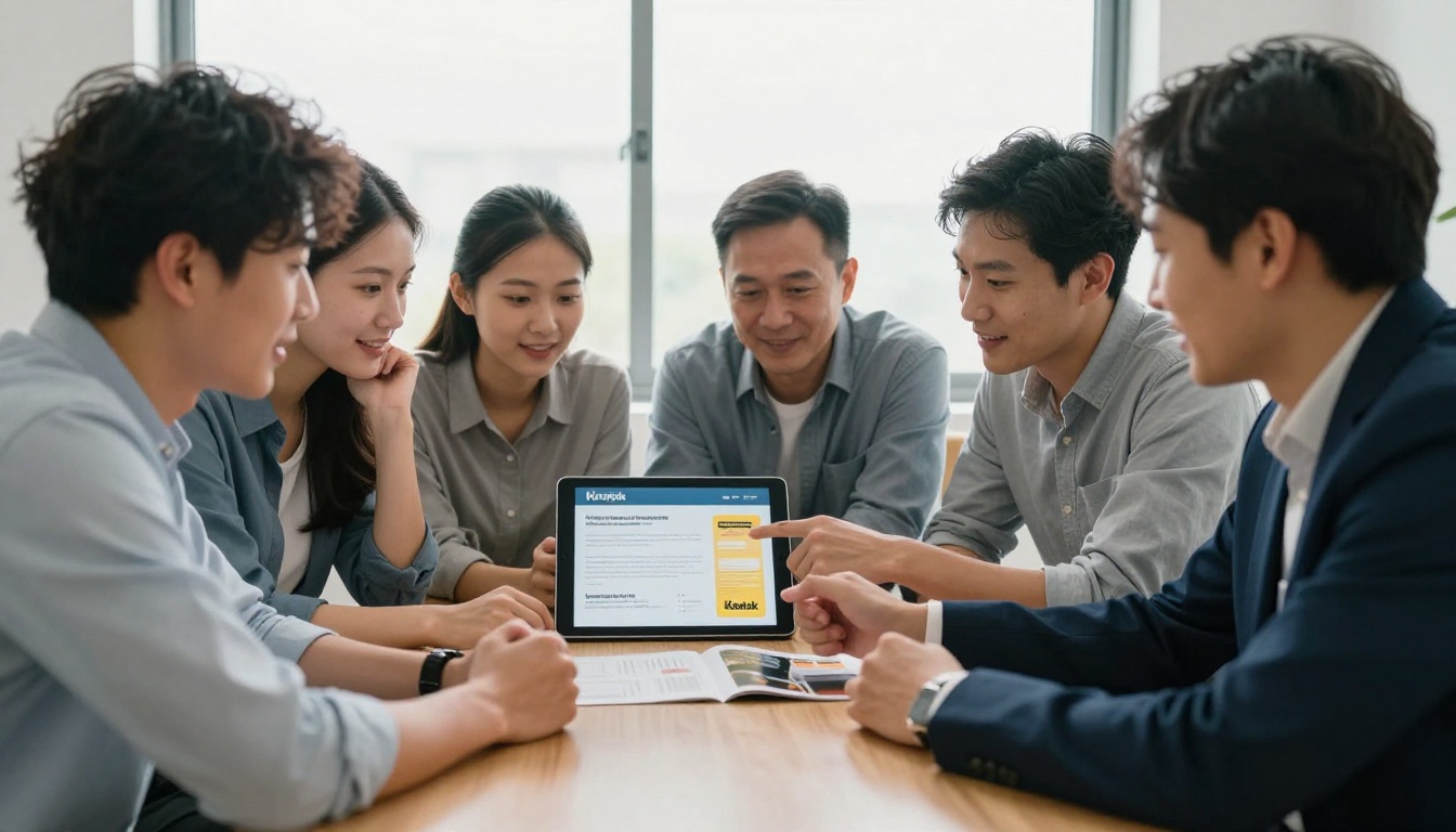 Three colleagues gathered around a tablet reviewing a digital brochure Three colleagues gathered around a tablet reviewing a digital brochure