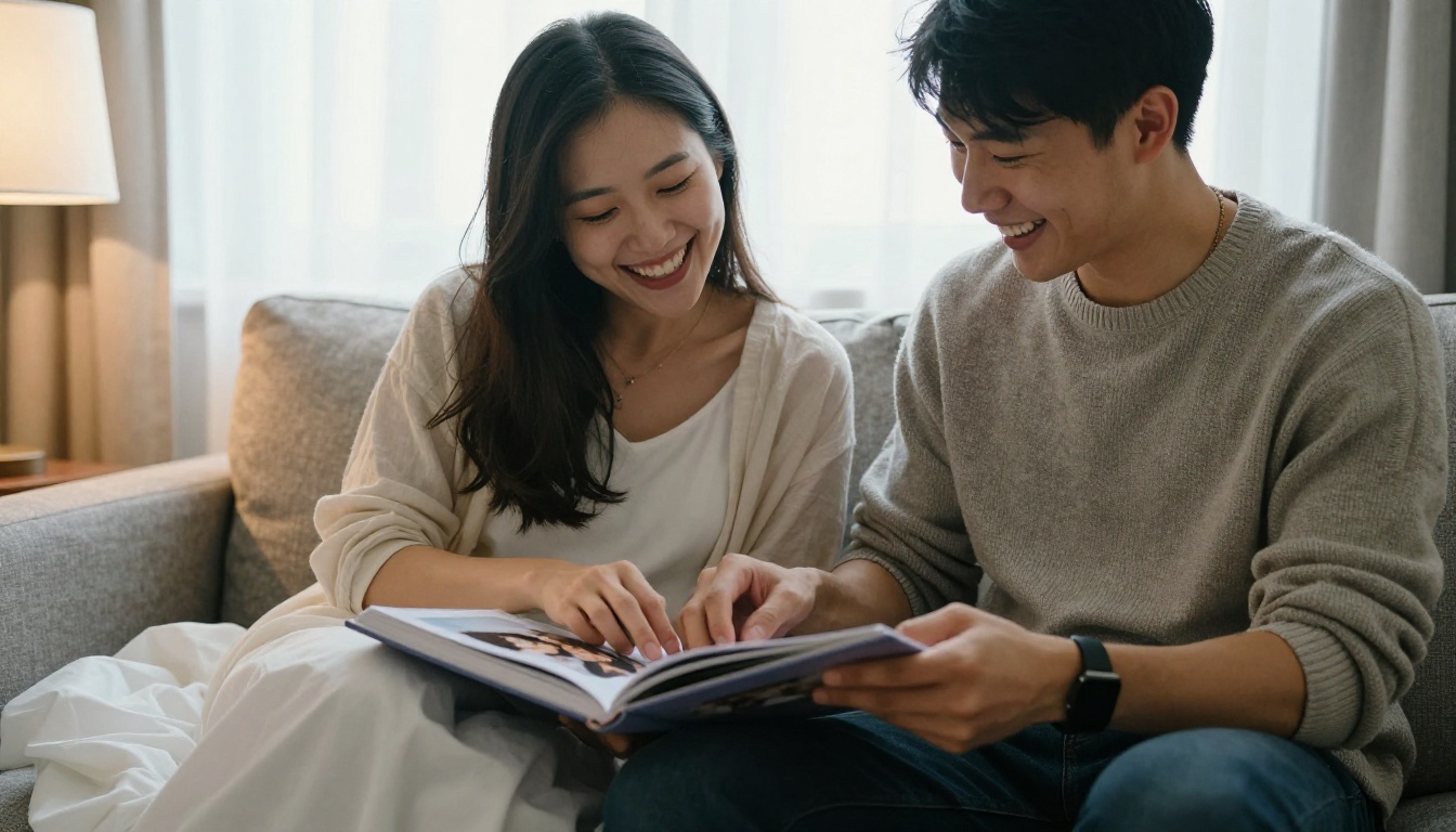 Young couple laughing on a sofa while flipping through a wedding photo book
