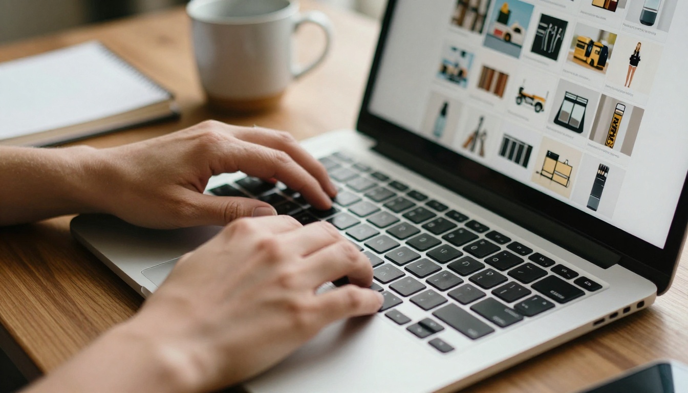 Designer arranging product photos in a catalog layout on a laptop