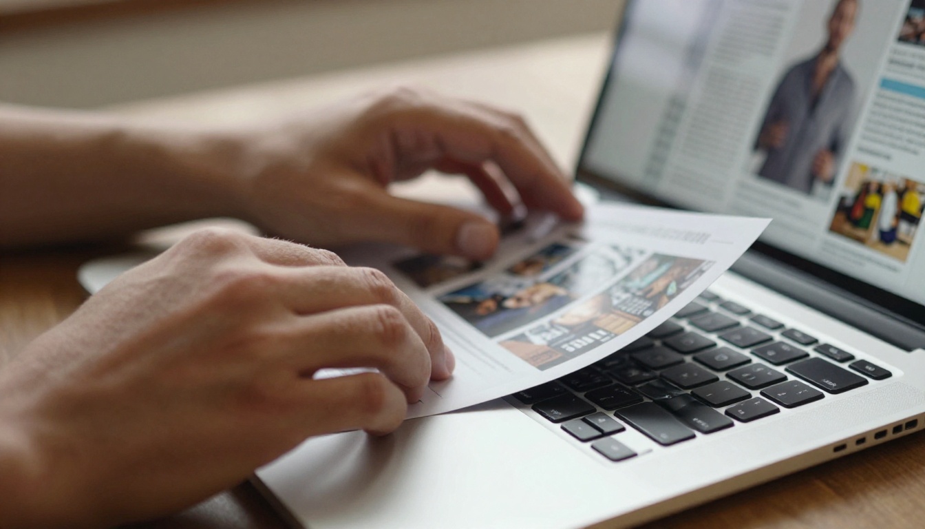 Designer hands scrolling a PDF magazine layout on a MacBook trackpad Designer hands scrolling a PDF magazine layout on a MacBook trackpad