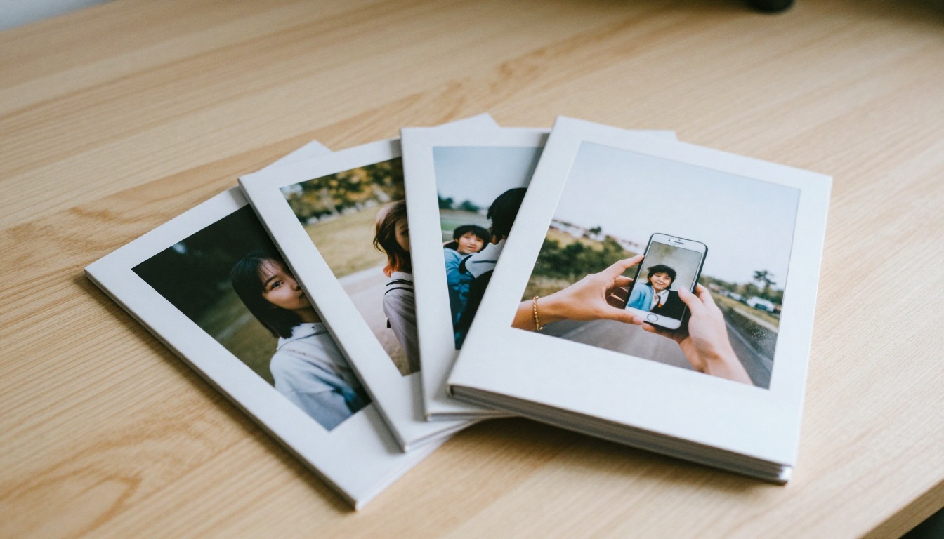 Three small softback square photo books fanned out on a pale wooden table
