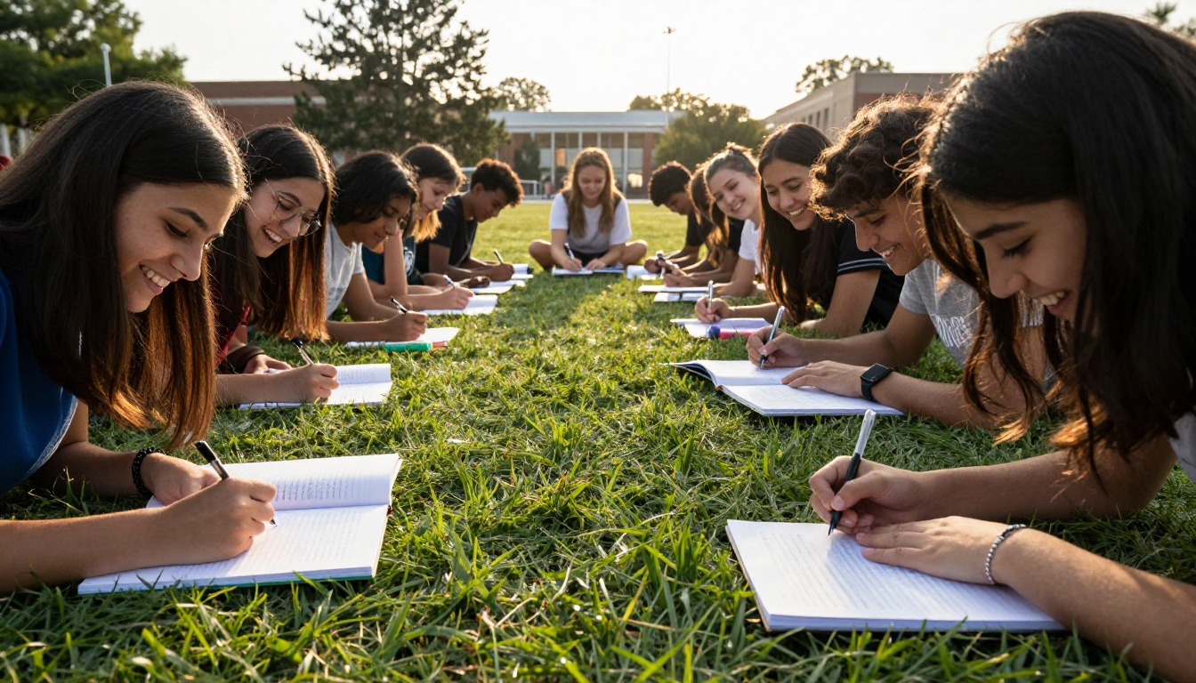 Students signing yearbooks on a school lawn at the end of the year