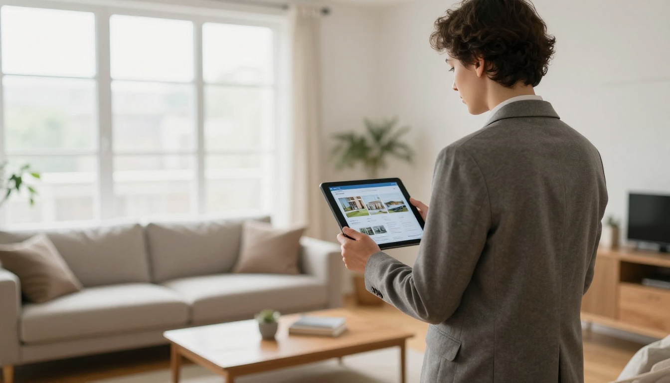 Real estate agent in a blazer holding a tablet showing a property brochure Real estate agent in a blazer holding a tablet showing a property brochure