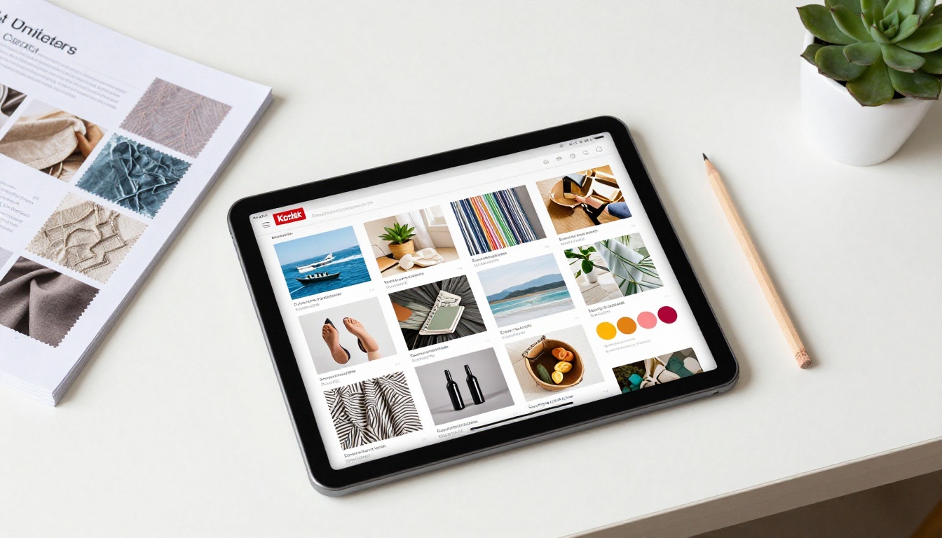 Aerial view of a tablet showing a template gallery beside a printed catalog