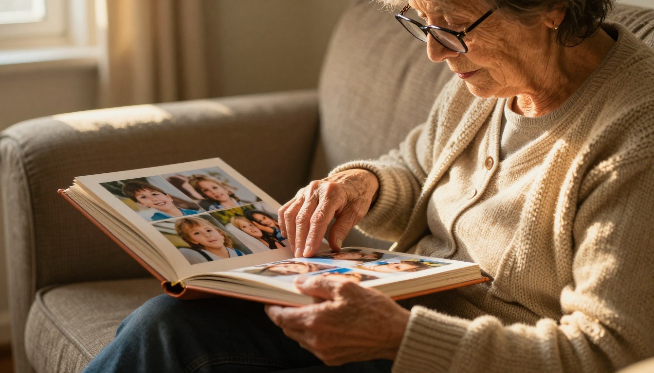 Grandmother in an armchair holding a printed album of her grandchildren