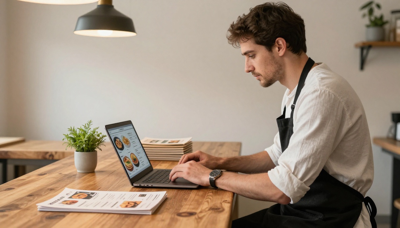 Restaurant owner in a black apron reviewing a menu brochure layout on a laptop Restaurant owner in a black apron reviewing a menu brochure layout on a laptop