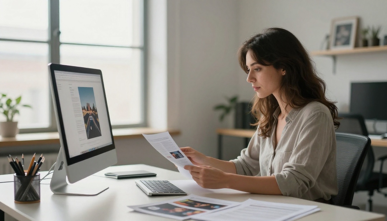 Woman reviewing a printed brochure beside an iMac in a bright loft studio Woman reviewing a printed brochure beside an iMac in a bright loft studio