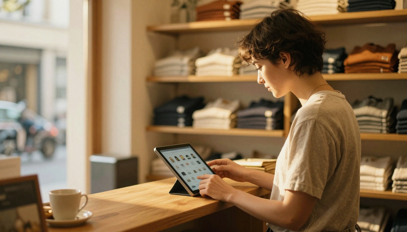 Boutique owner holding a tablet with a product catalog in a clothing shop